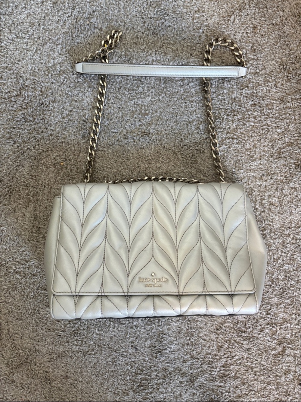 kate spade Cream Quilted Leather Shoulder Bag with Silver Chain